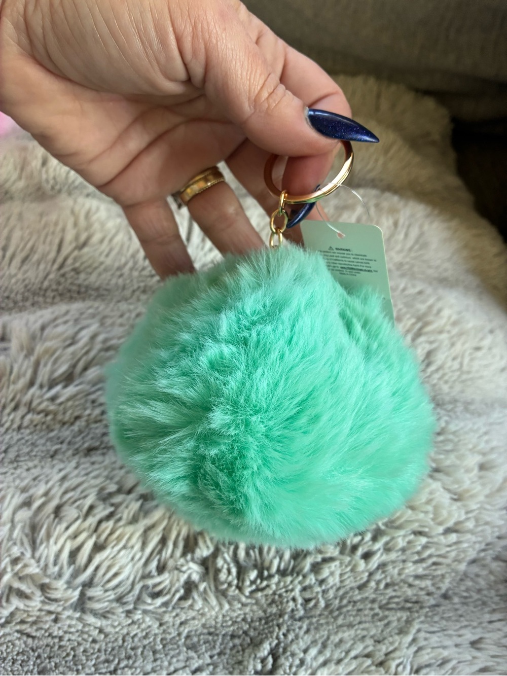 Mint Green Faux Fur Pom-Pom Keychain/Charm with Gold Hardware